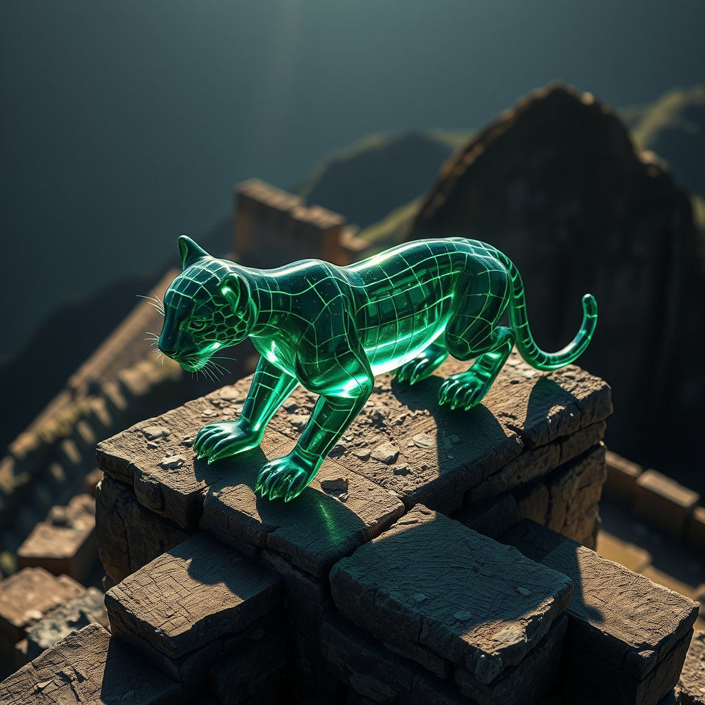 Emerald Glass Jaguar on Ancient Walls in Street Art Style