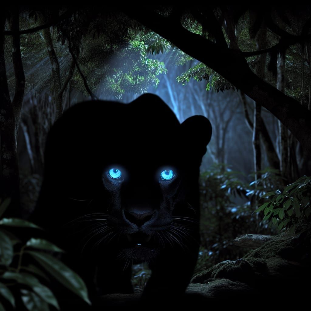 Black Jaguar's Blue Eyes in Midnight Jungle