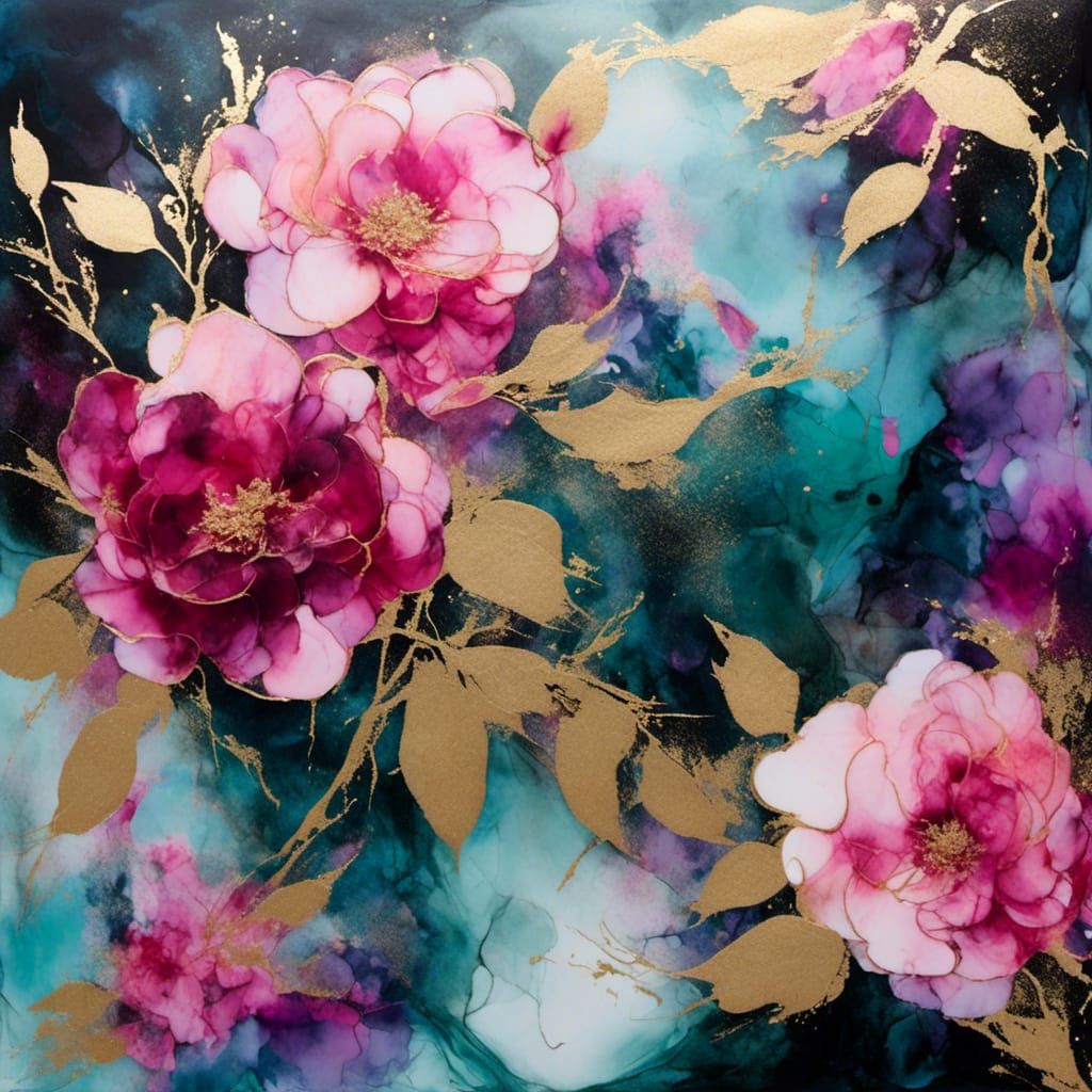 Golden Camellia Flowers with Marbled Watercolor Background