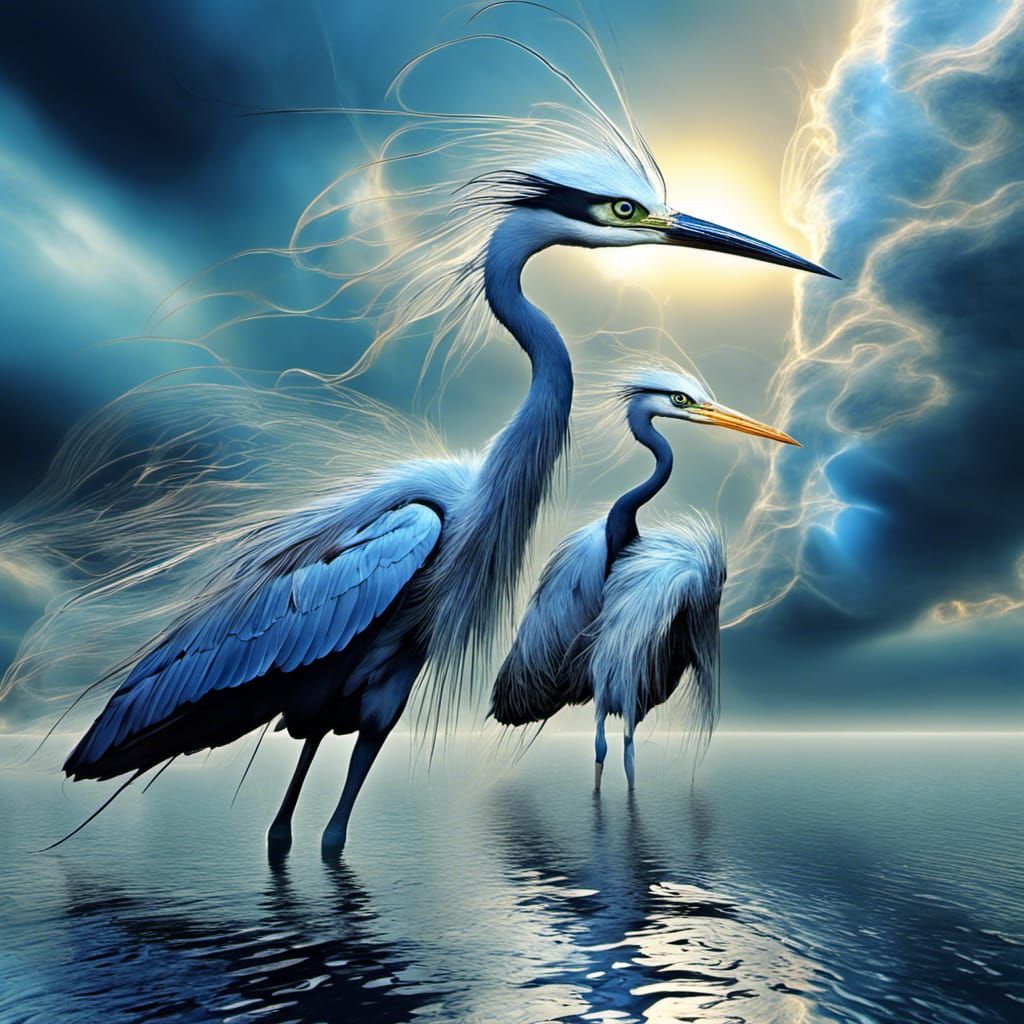 Blue Herons in Windswept Fractal Wonderland