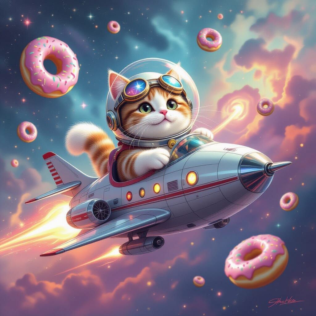 Cat Pilot in Donut Nebula: Pulp Sci-Fi Art