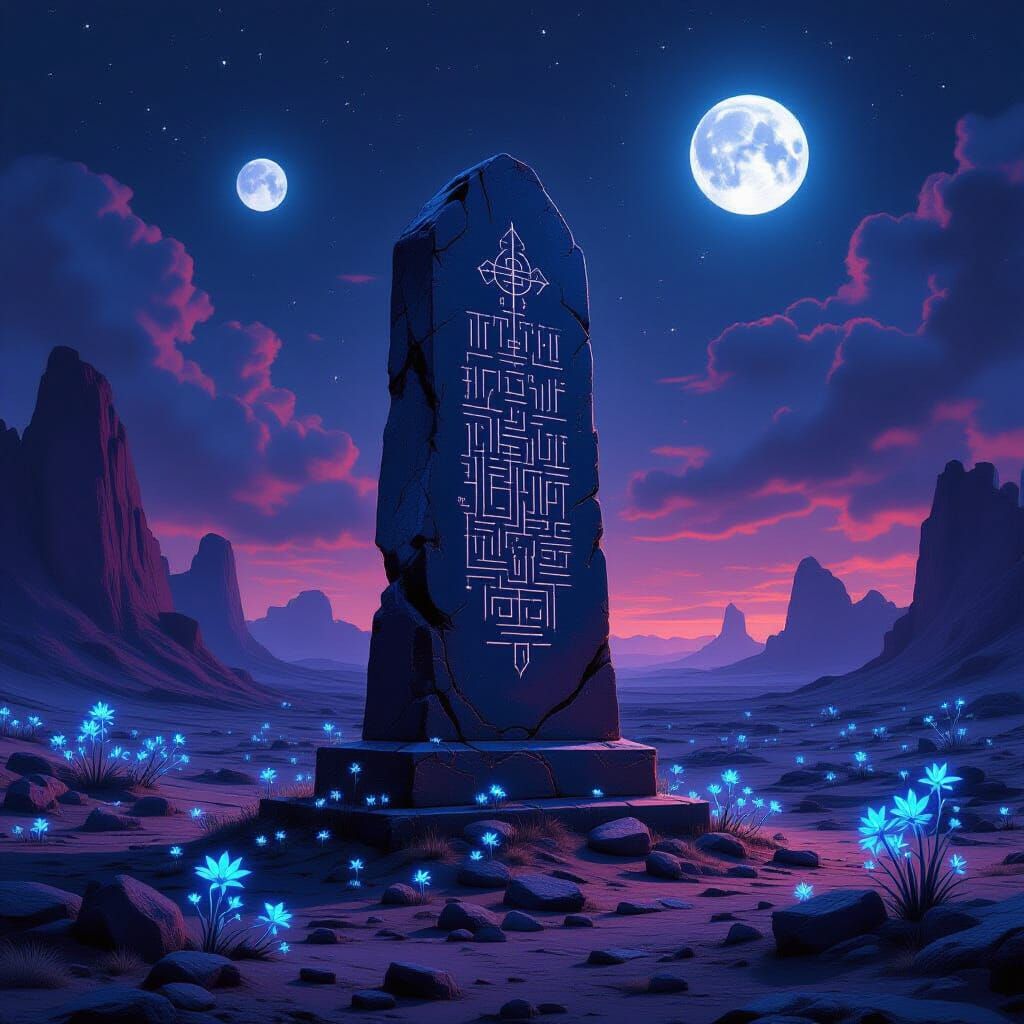 Alien Monument Under Twin Moons in Surreal Landscape