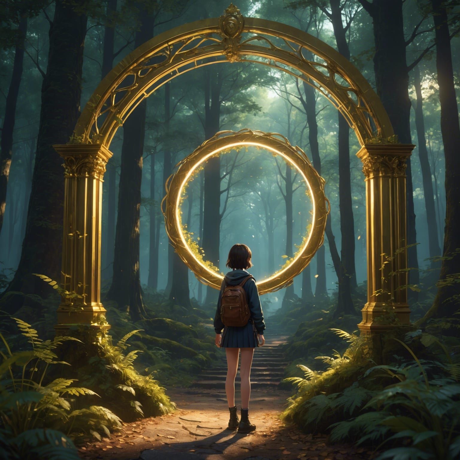 Girl Before Golden Portal in Anime Style