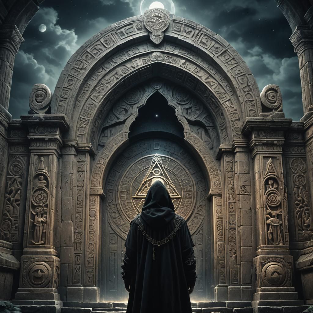 Mysterious Hooded Figure Before Ancient Doorway