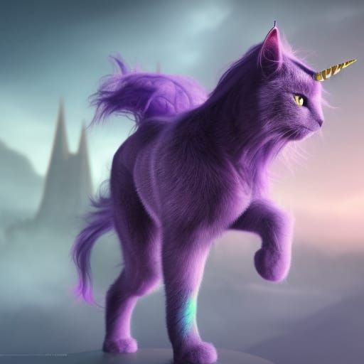 Detailed Unicorn Cat with Purple Fur in 8K