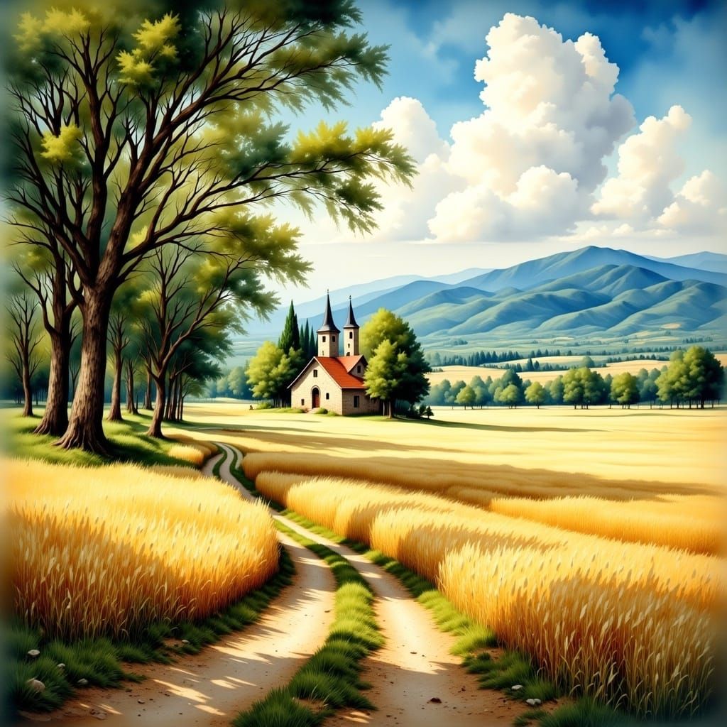 Wheat Field with Dirt Road in Antique Watercolor Style