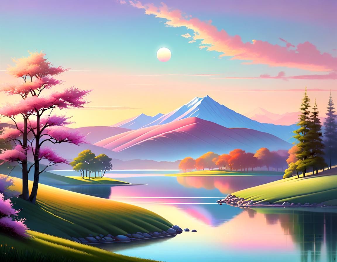 Pastel Landscape: Serene Hills and Calm Lake