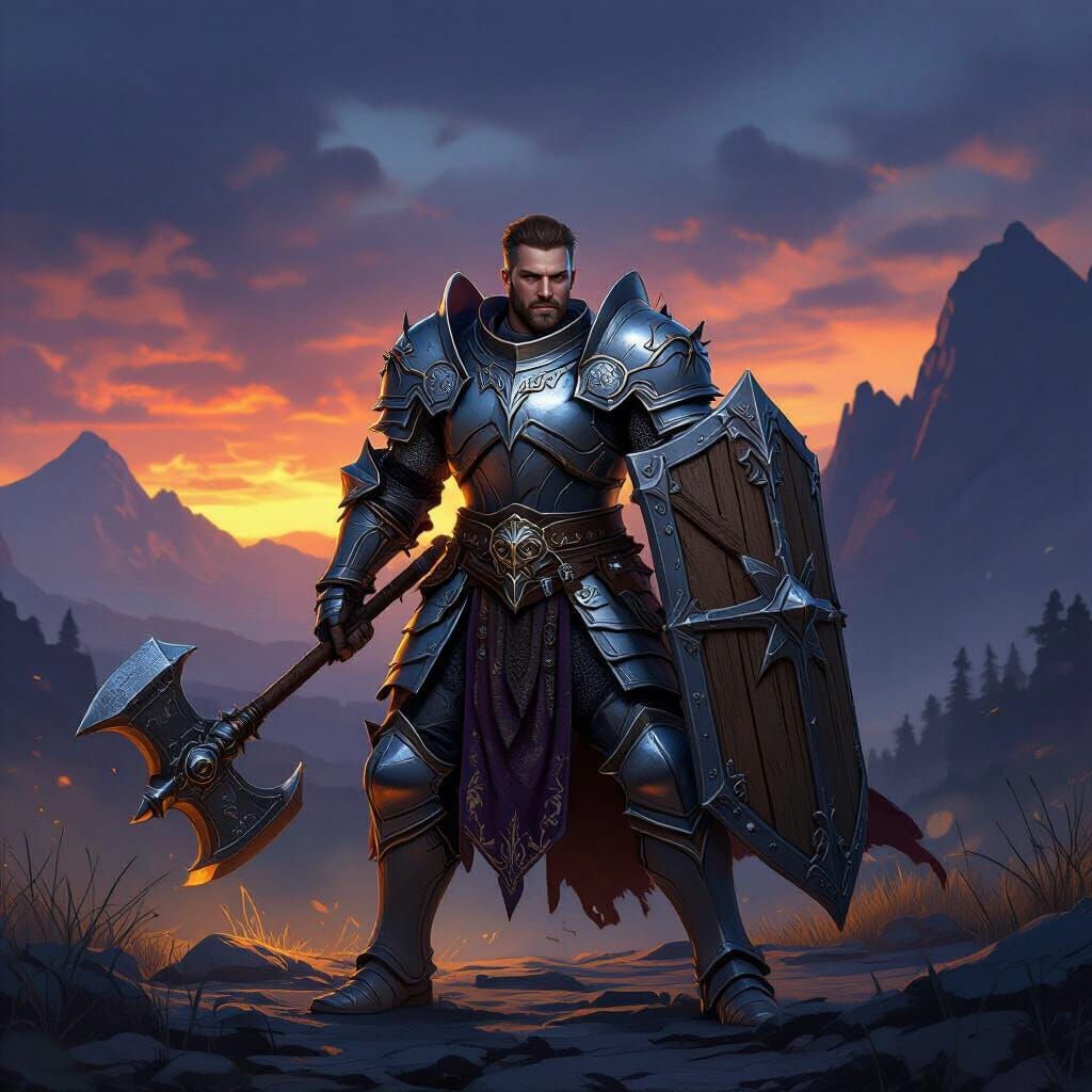 Paladin Crusader in Silver Armor with Hammer and Shield