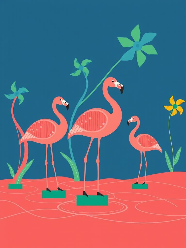 Futuristic Flamingos in Whimsical Geometric Landscape