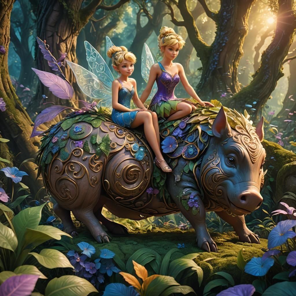 Tinkerbell Relaxing on a Giant Hog