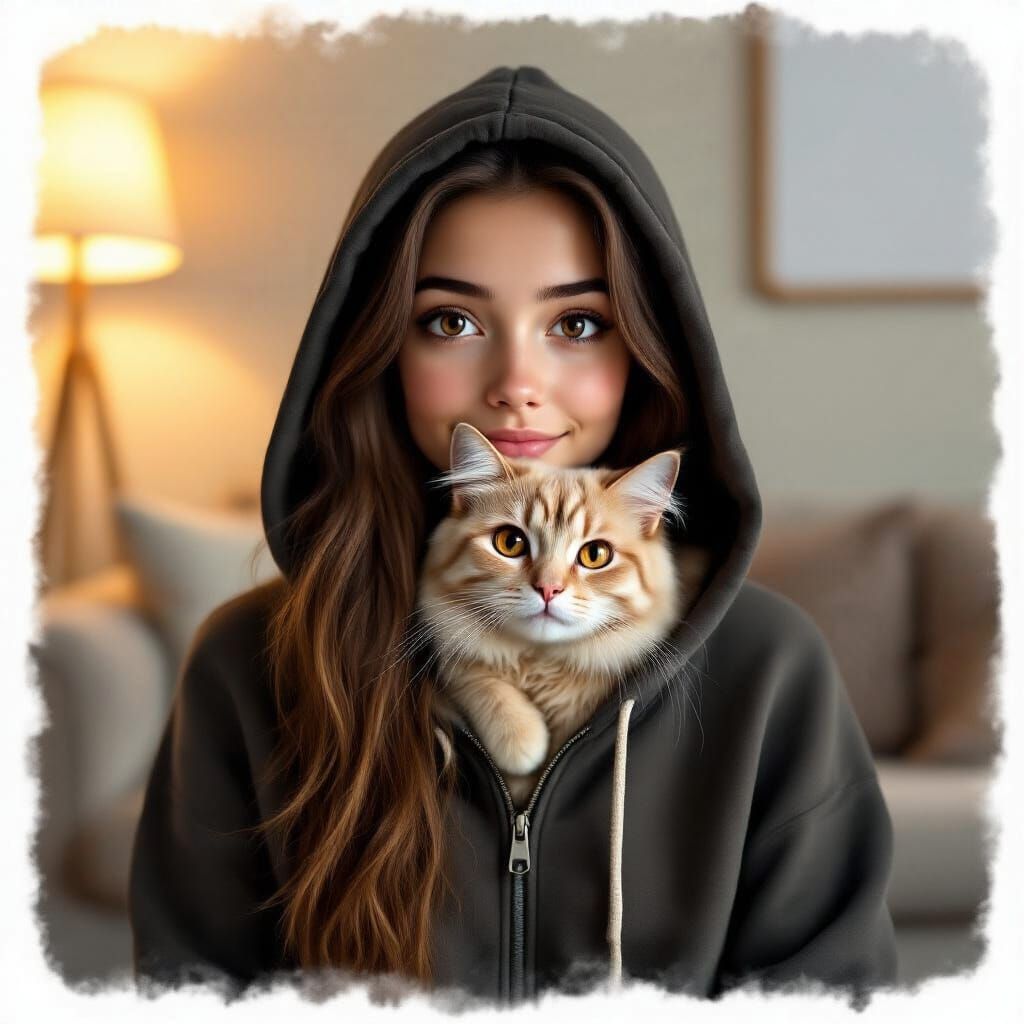 Woman with Cat in Hoodie, Gentle Mood