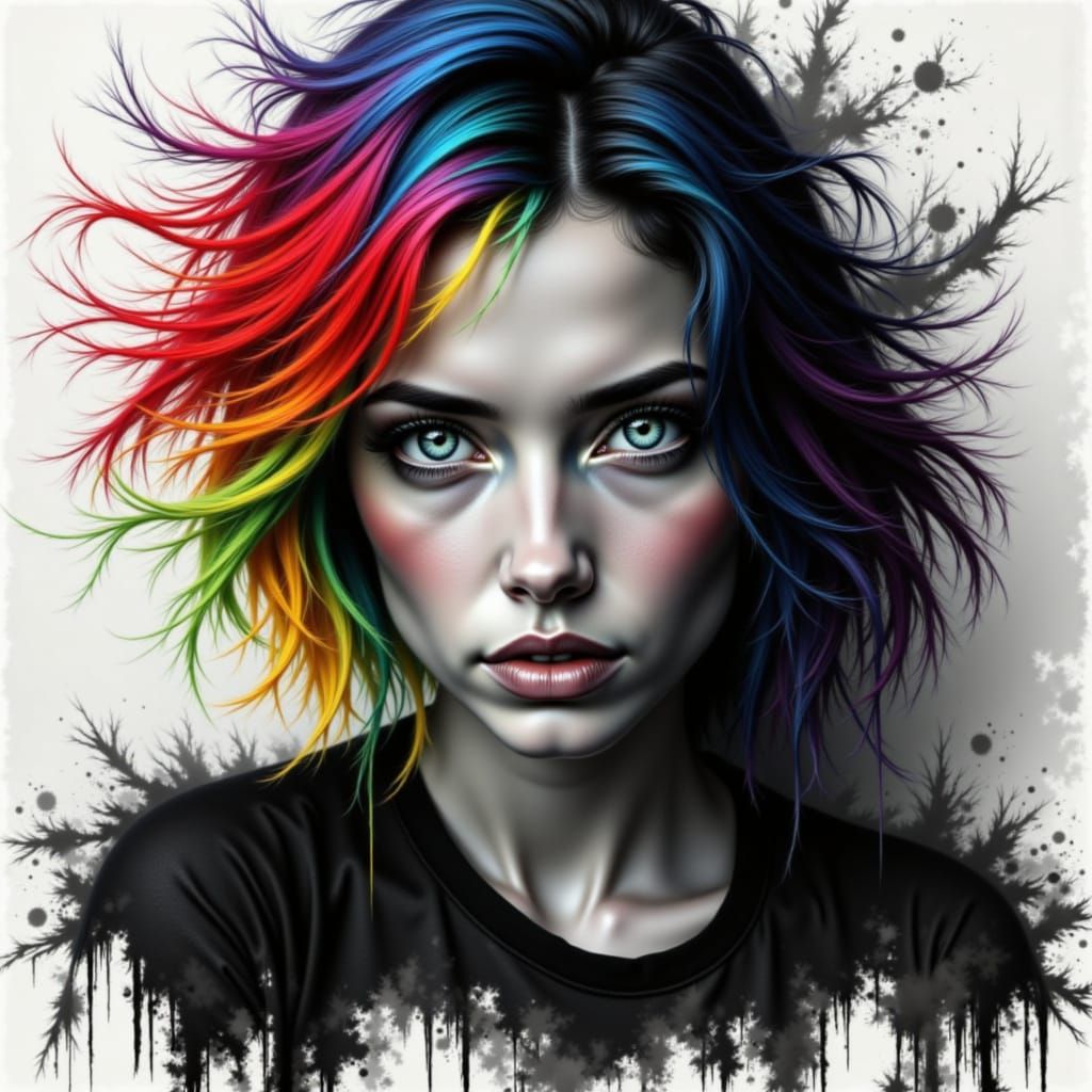Monochromatic Woman with Rainbow Hair Digital Painting