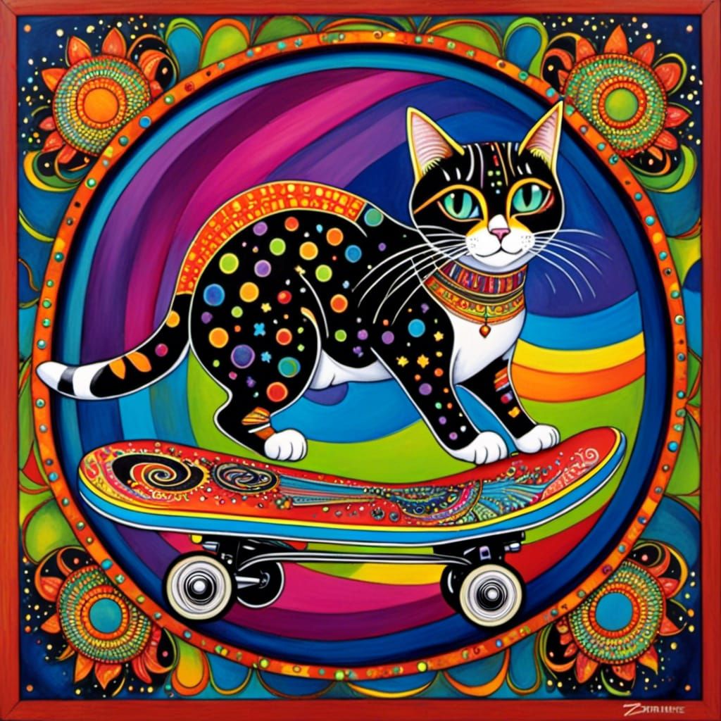 Edgy Zentangle Cat Skateboarder on Wood