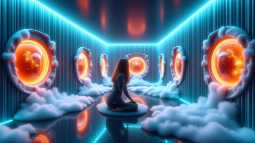 Surreal Abstract Light Sculpture on Mirrored Walls