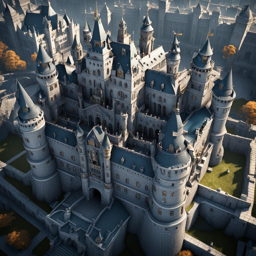 Top view of hyper detailed supermassive royal castle, from dark fantasy, CGI, depth focus, Volumetric Lighting, photorea...
