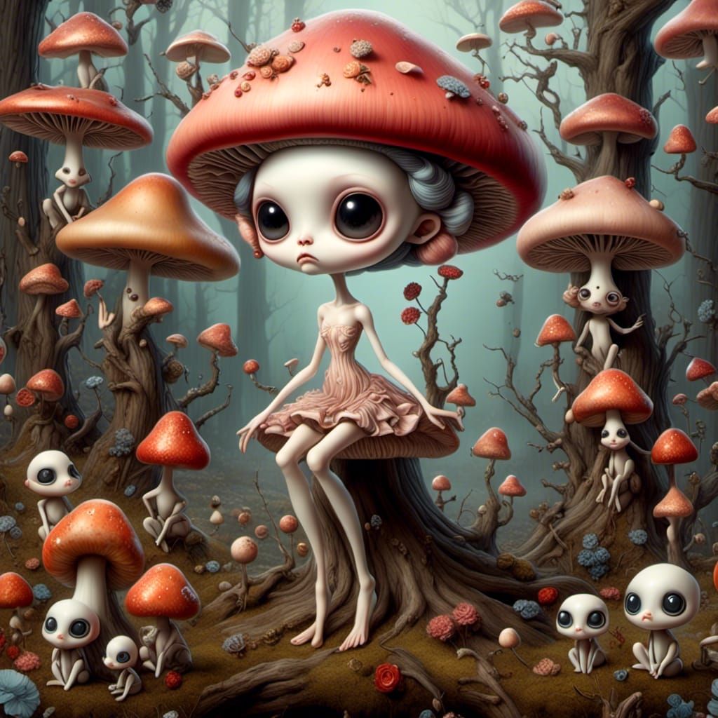 Mushroom Creature Gardening Dead Trees in Pop Surrealism