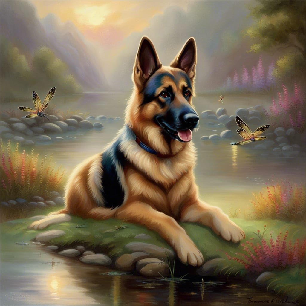 German Shepherd and Dragonflies: Ethereal Fantasy Scene