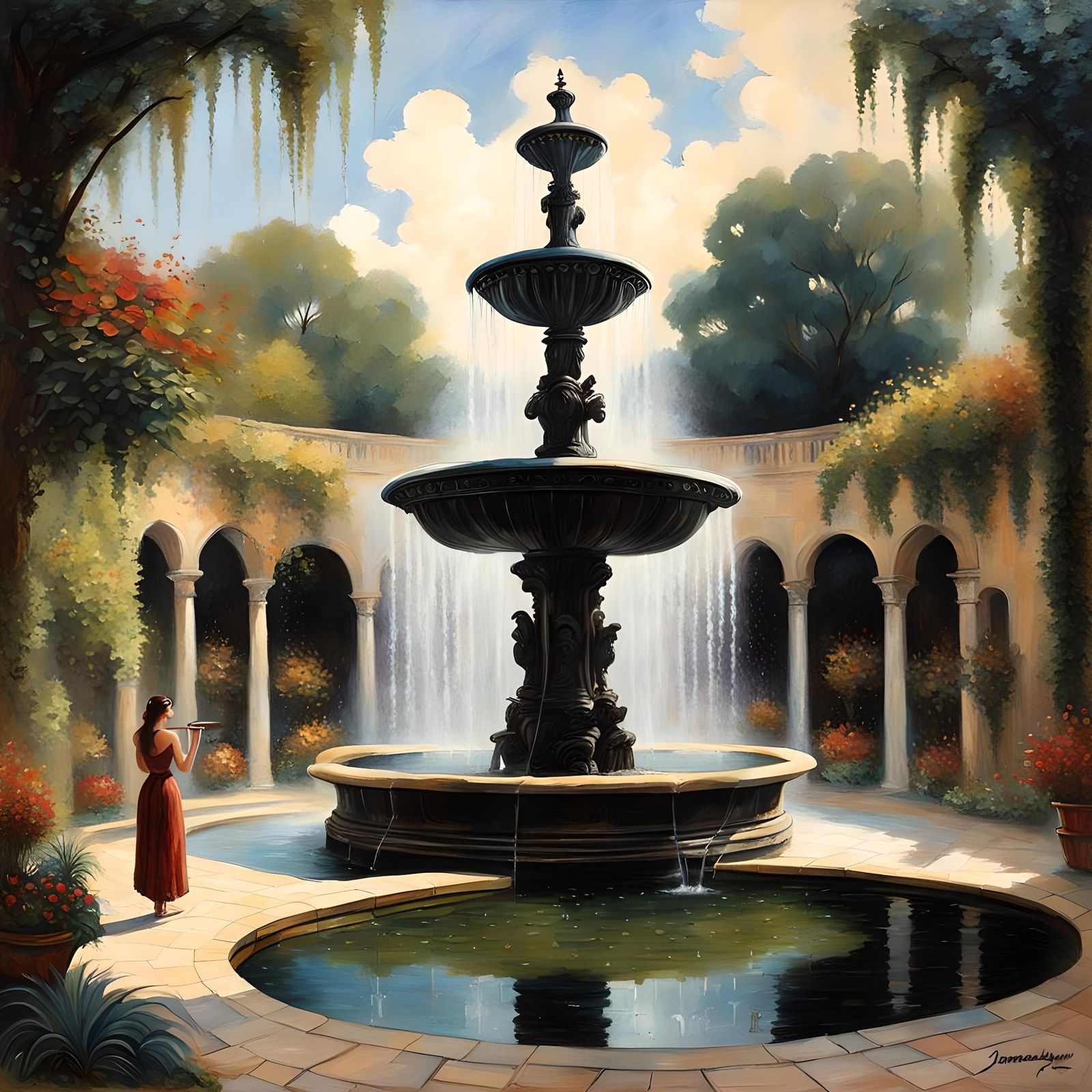 Mystic Garden Fountain: Oil Painting of Young Lady