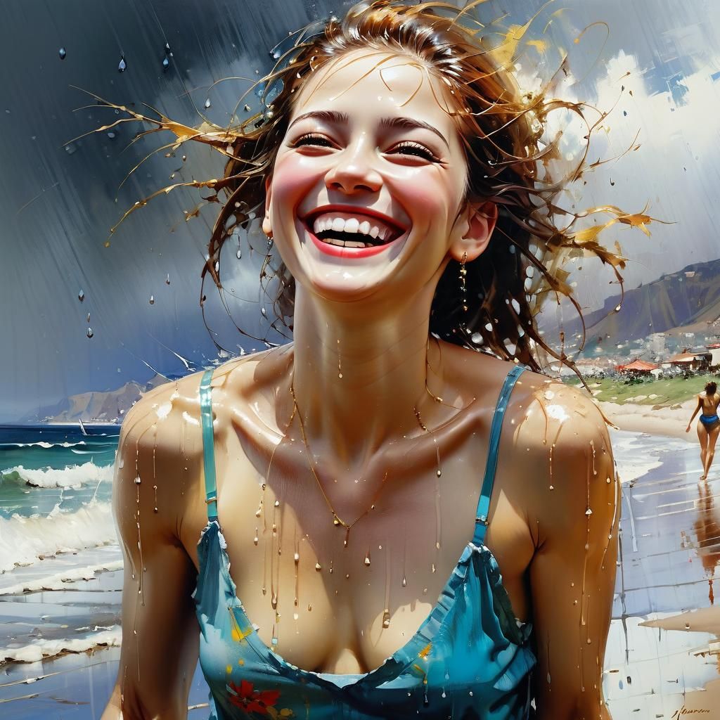Joyful Woman Laughing on Rainy Beach