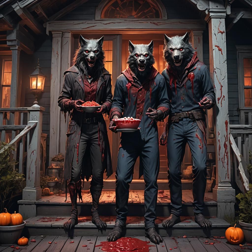 Werewolves on Porch Holding Candy, Fantasy Concept Art