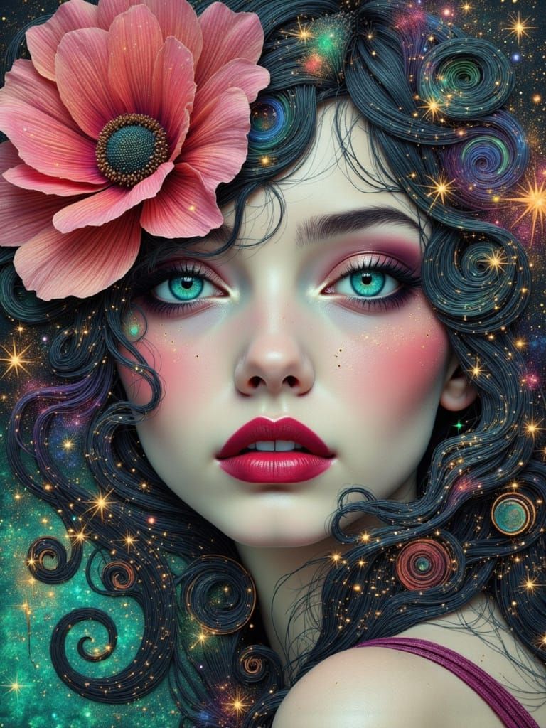 Abstract Portrait of a Woman with Glowing Green Hair and Flo...