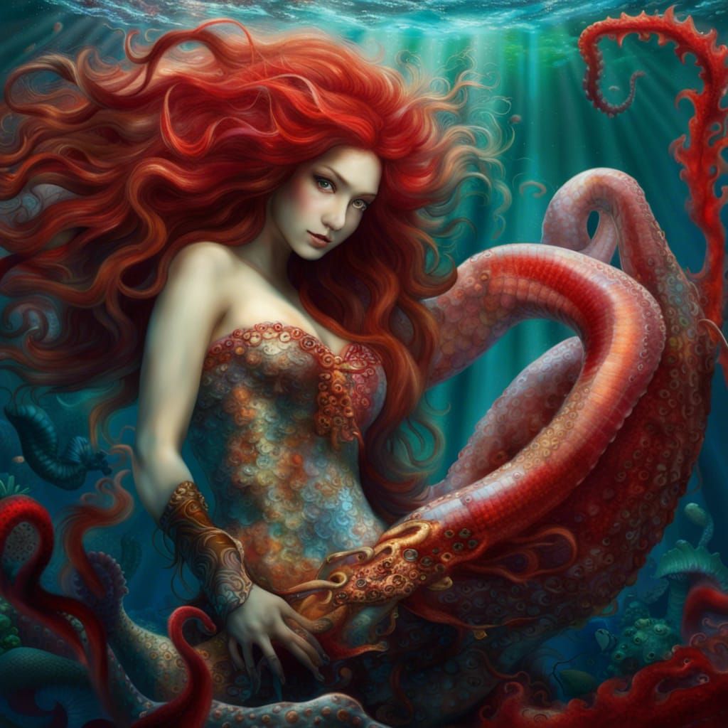 Hyperreal Japanese Mermaid in Underwater Fantasy Scene