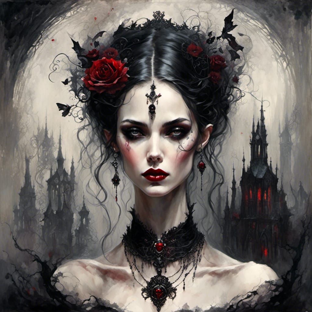 Gothic Fairy Portrait with Red Lipstick and Lace Choker