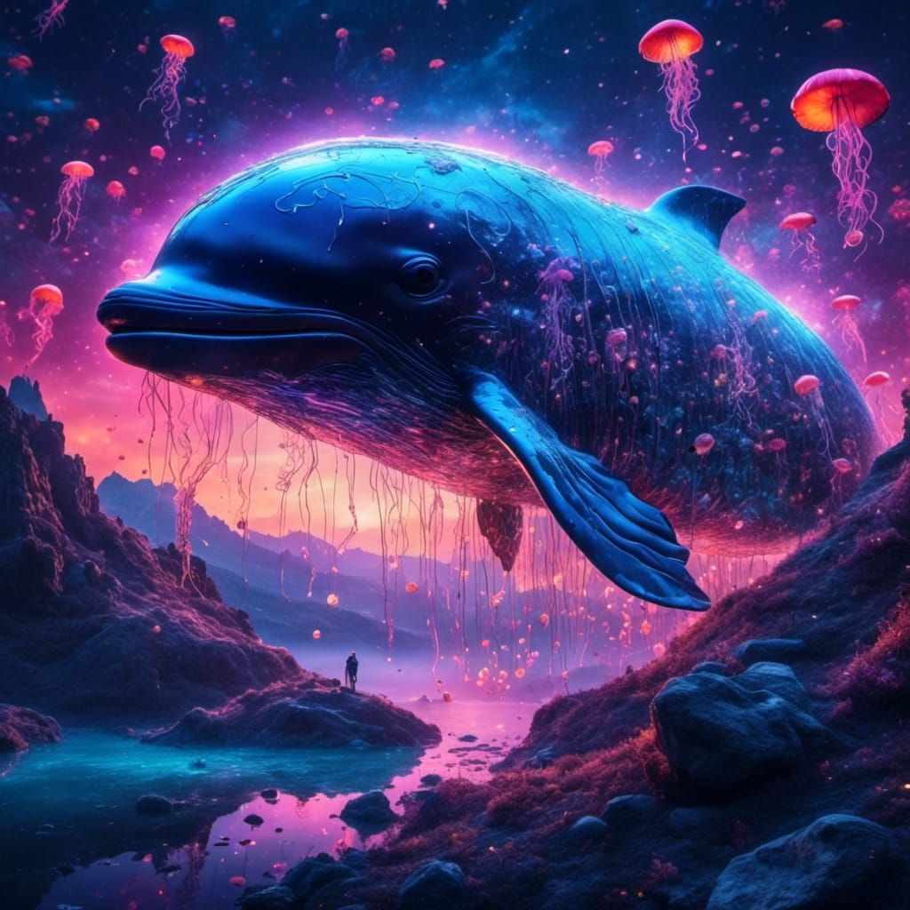 Glowing Glass Whale in Bioluminescent Underwater Fantasy