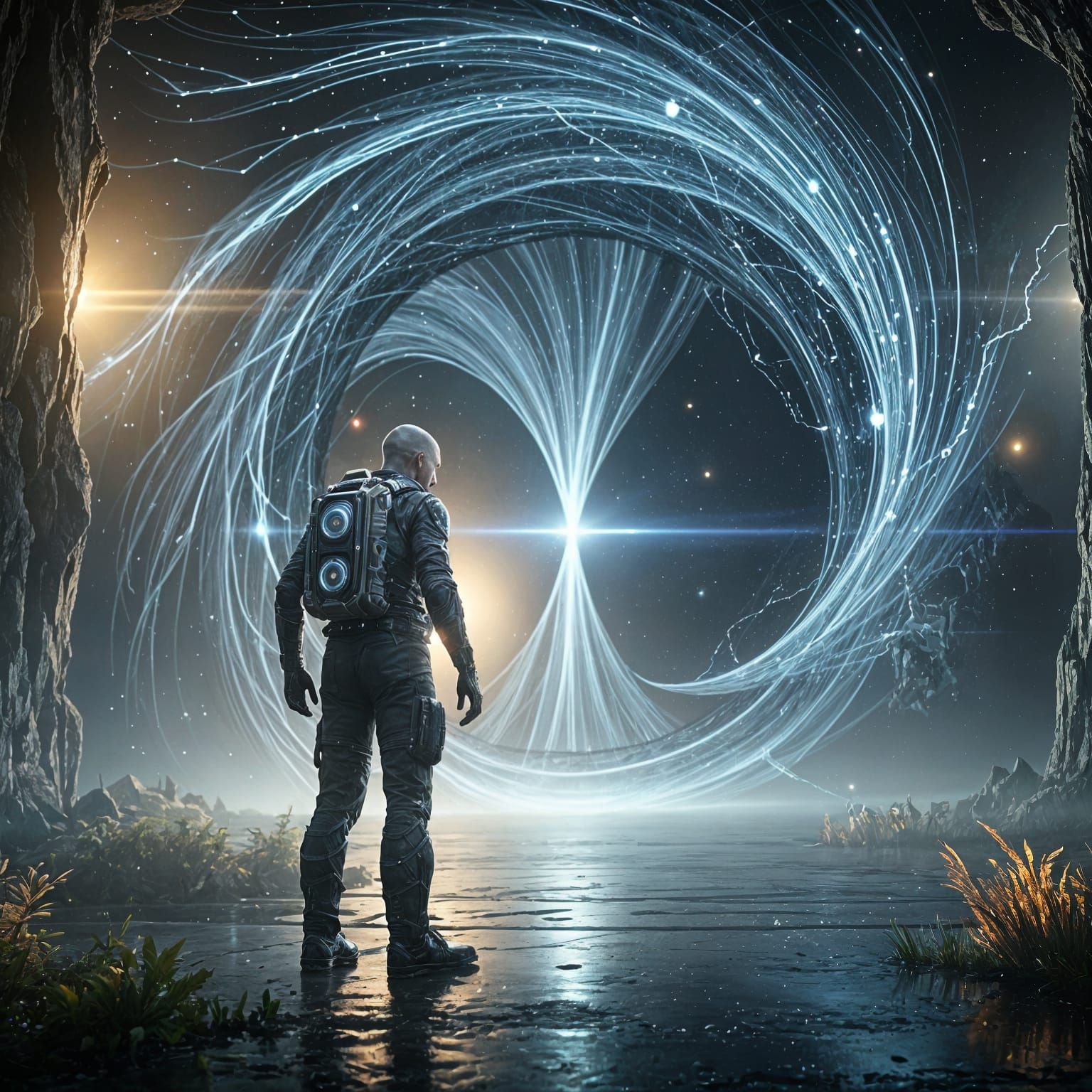 Time Traveler at Sci-Fi Portal in 3D Rendering