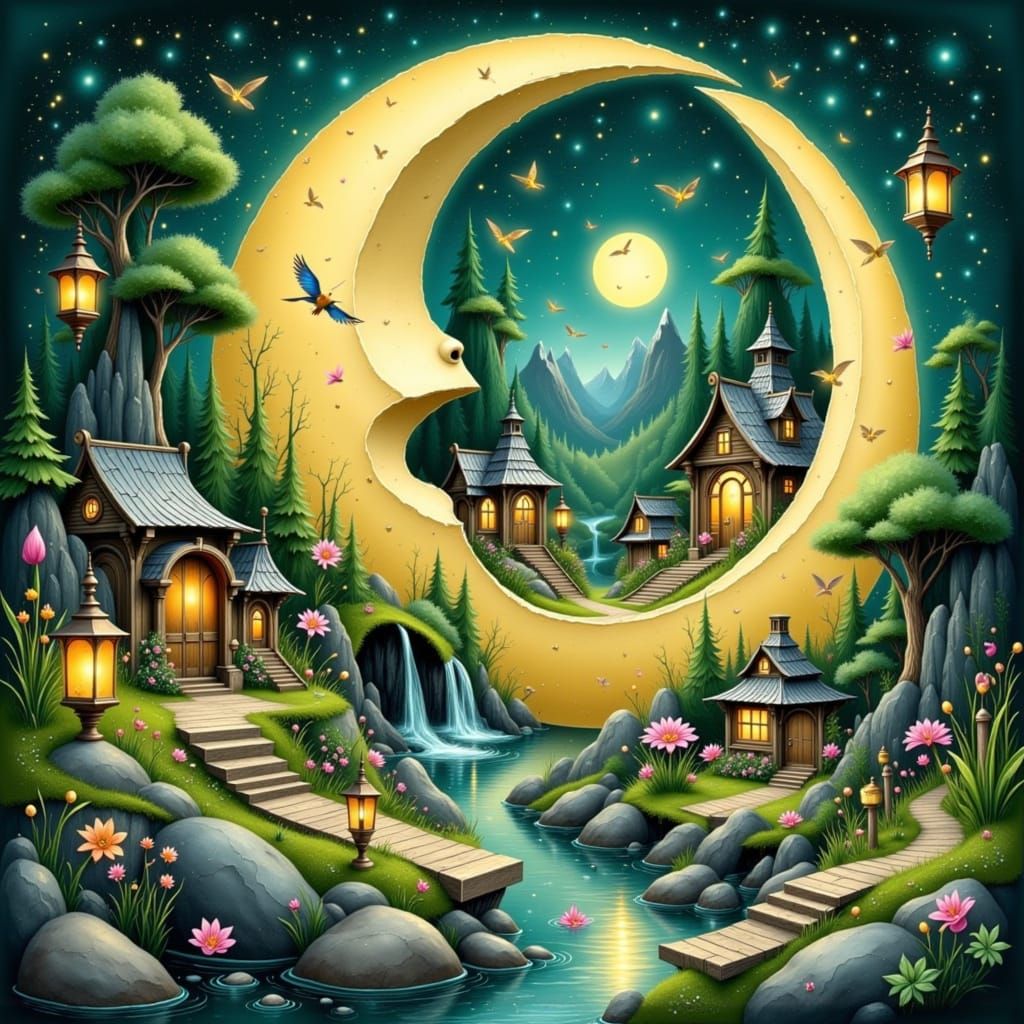 Miniature Village in Ornate Crescent Moon