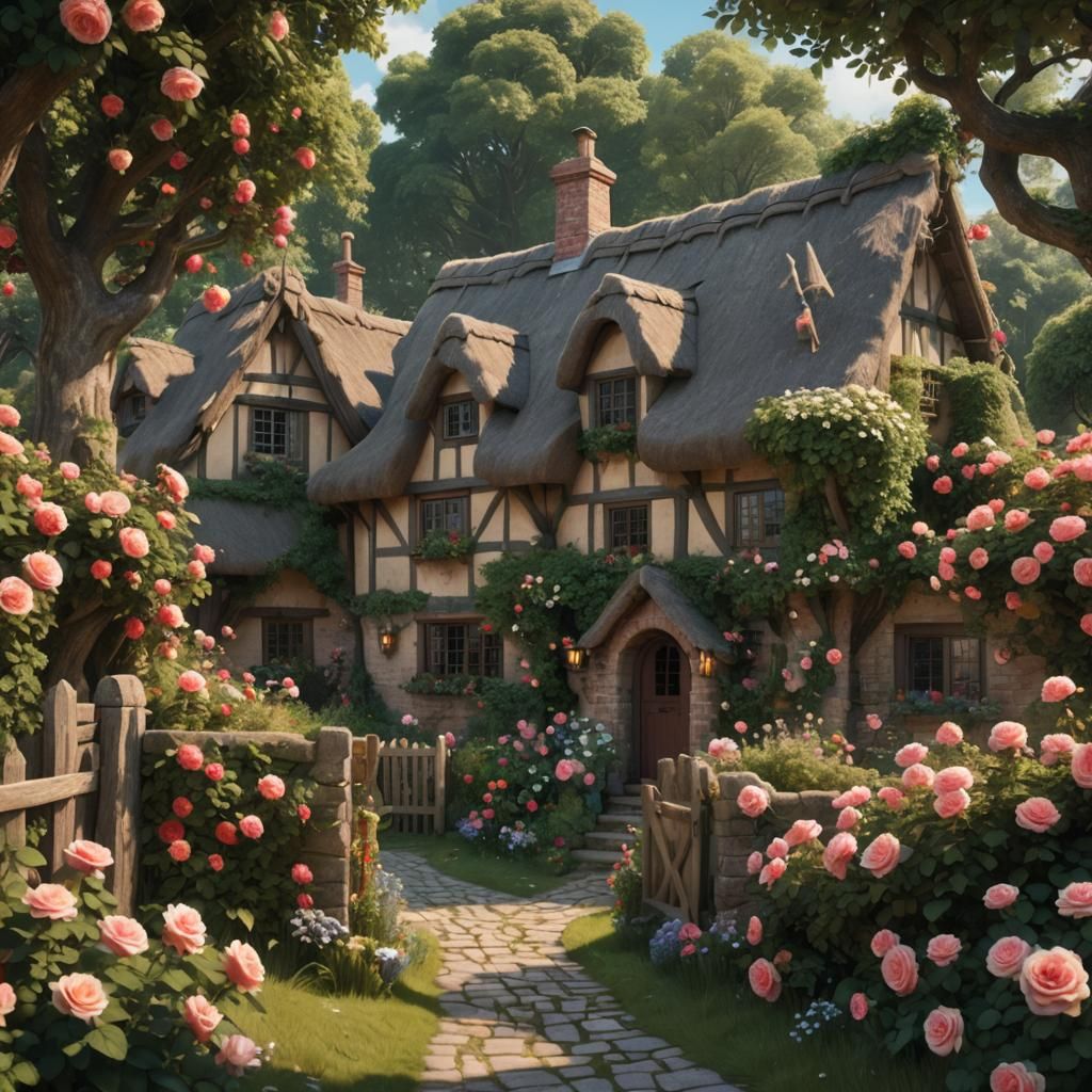English Cottage with Roses: Fantasy Concept Art