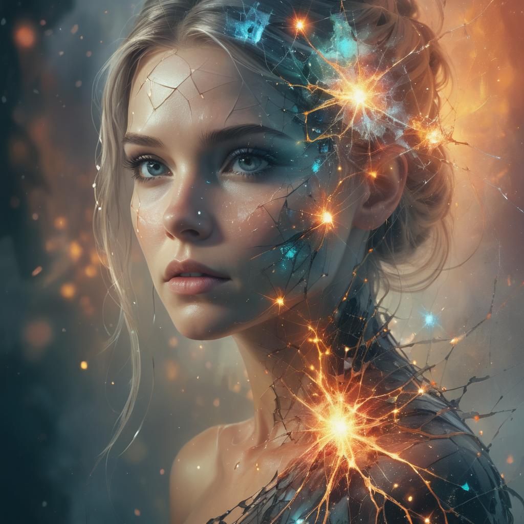 Shattered Woman with Runes: Double Exposure Digital Art