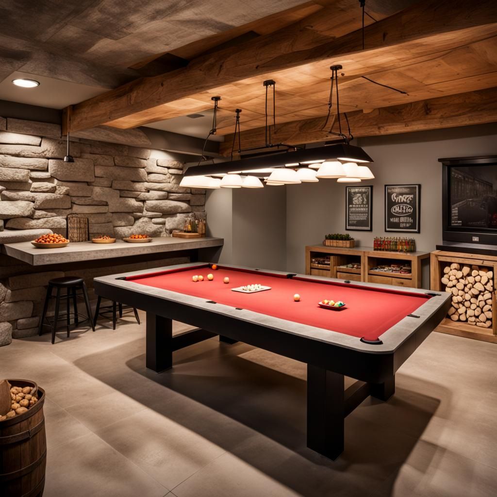 Cozy Basement Game Room with Rustic Elements