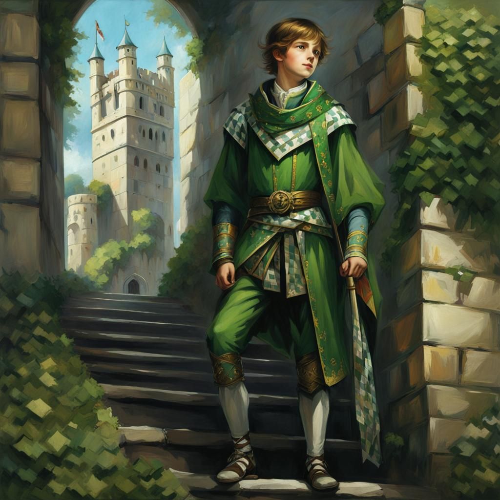 Medieval Tower Scene with Children in Harlequin Green