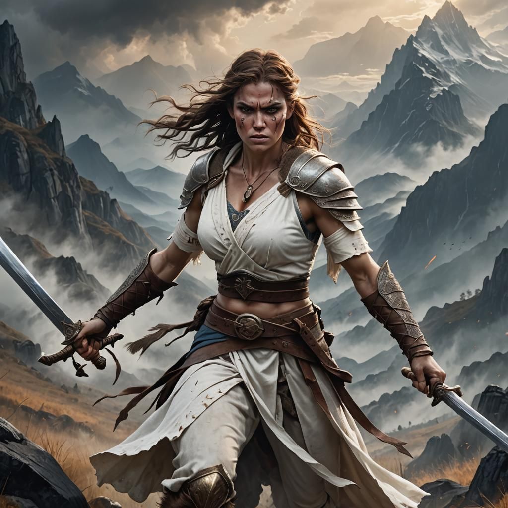 Angry Barbarian with Sword in Fantasy Landscape