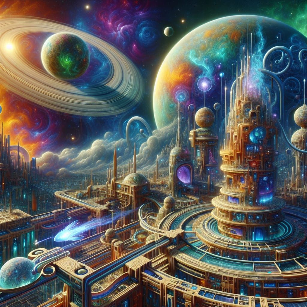 Vivid Alien Landscape with Ginger Planet and Futuristic Arch...