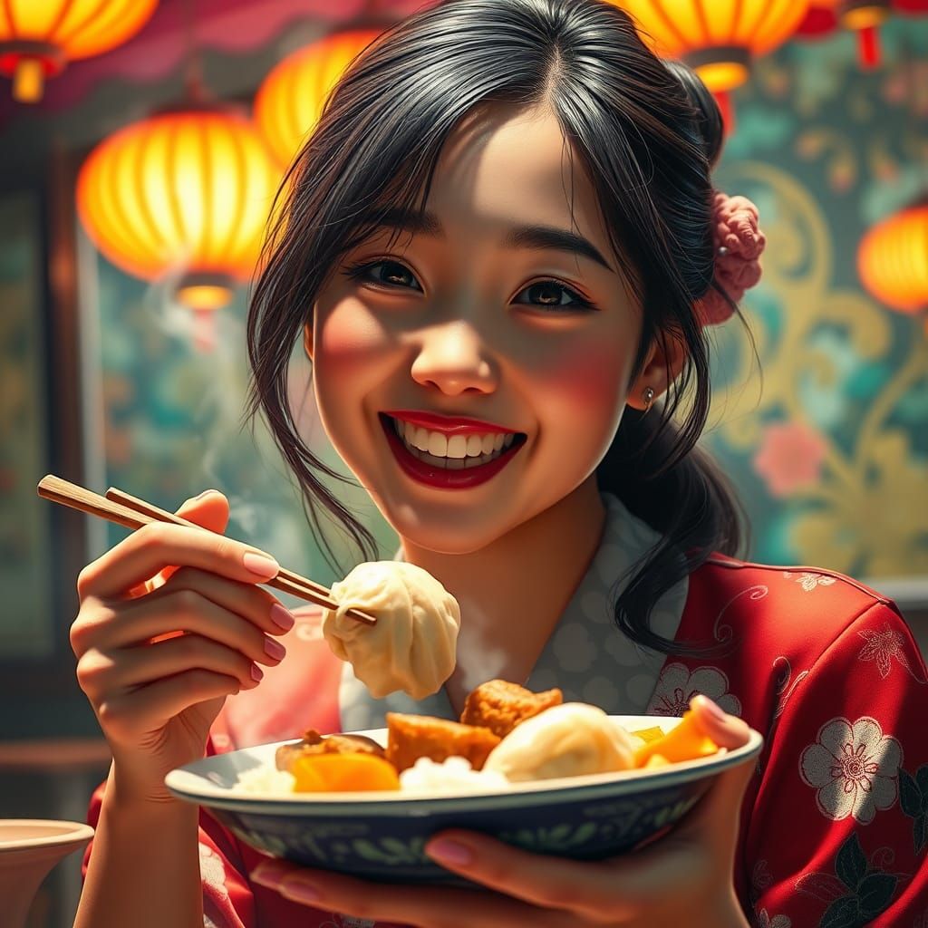 Joyful Japanese Woman with Dim Sum: Digital Portrait