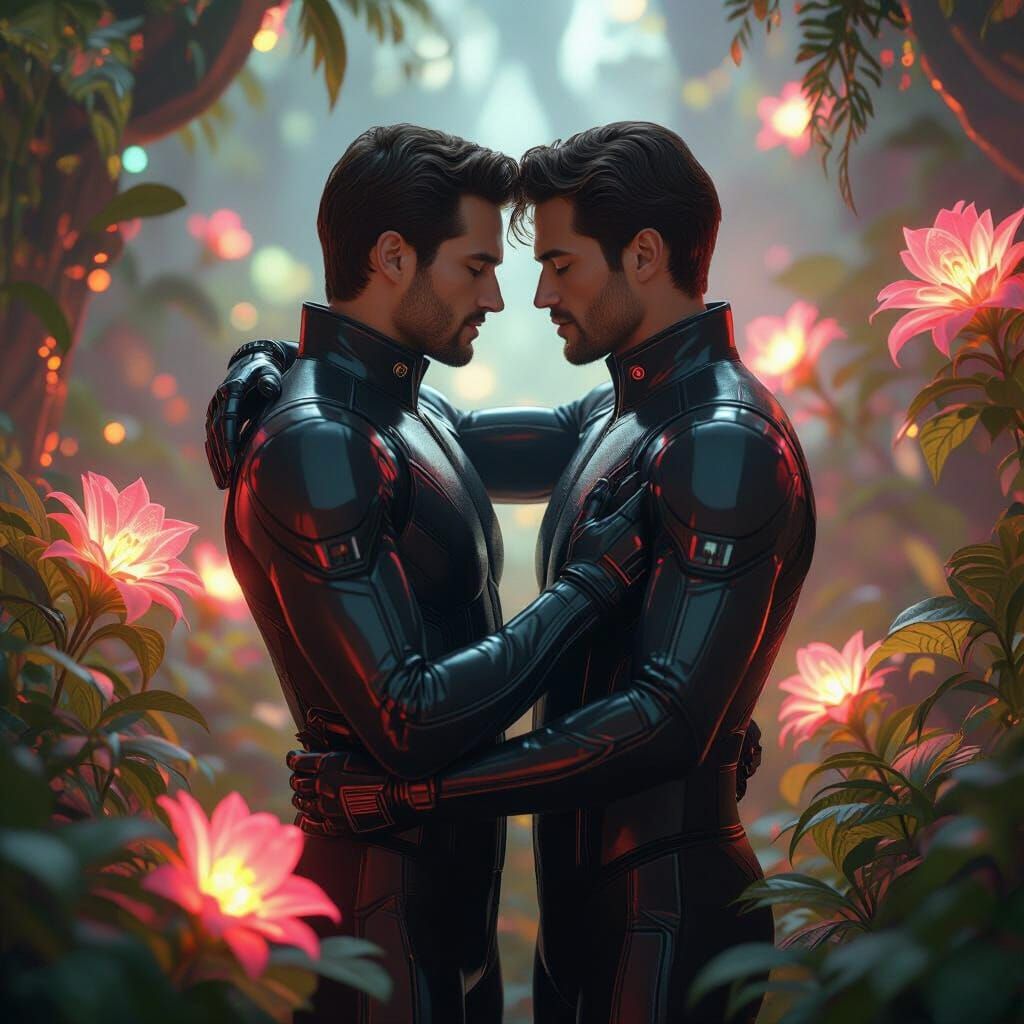 Futuristic Embrace in Alien Jungle: Retro-Futurism