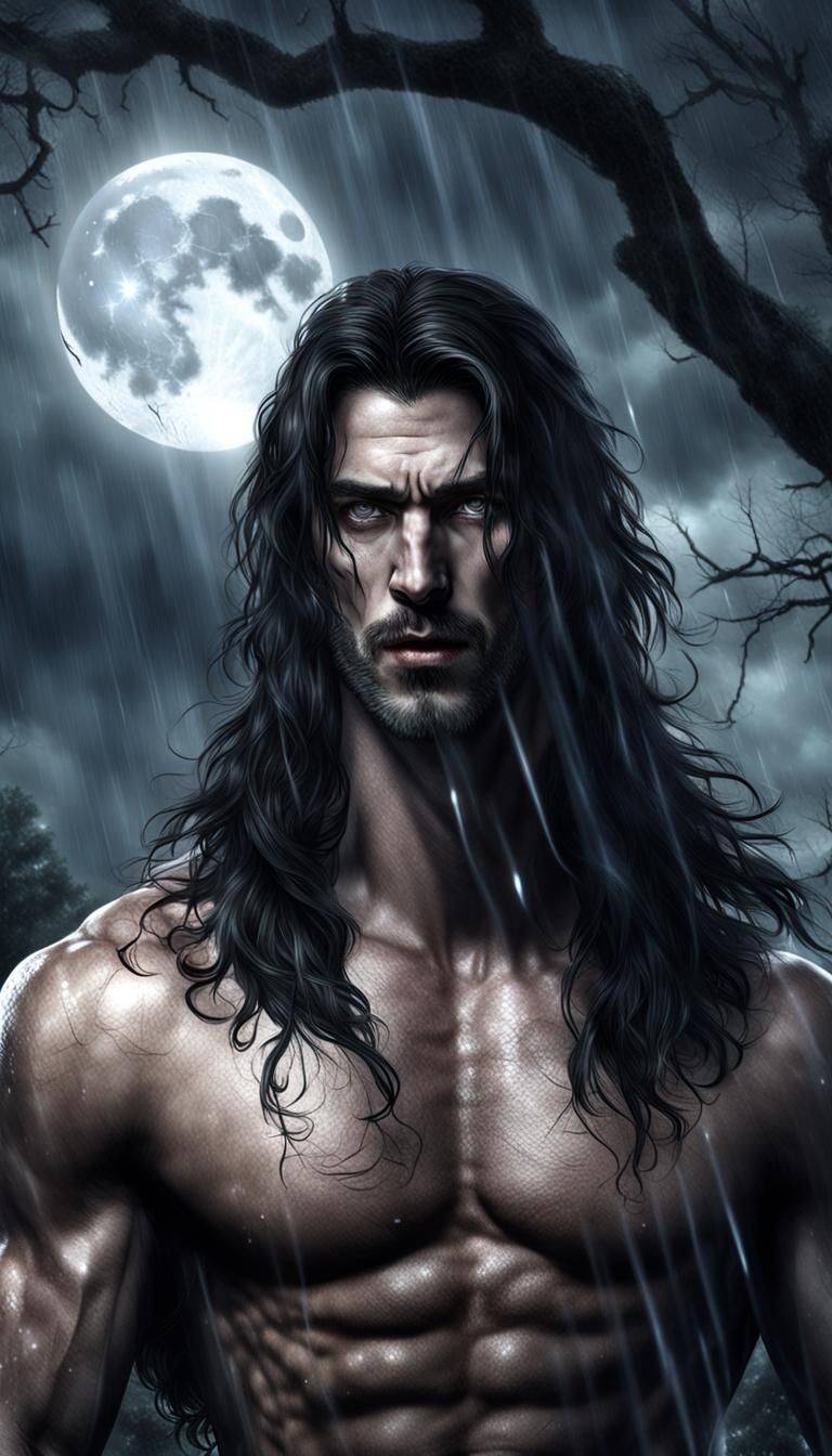 Lonely, Handsome Male Witch in Moonlit Rain