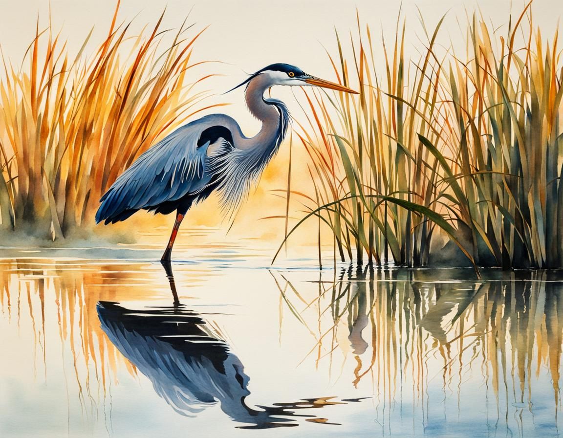 Colorful Sumi-e Heron Reflected in Water