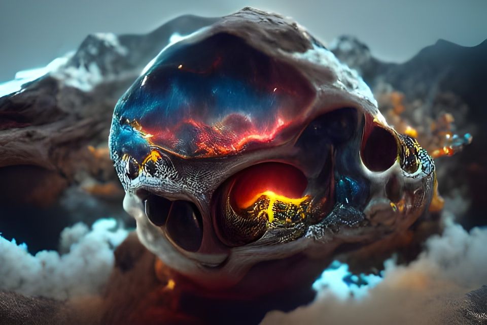Cosmic Volcano Skull Eruption in Hyperrealism