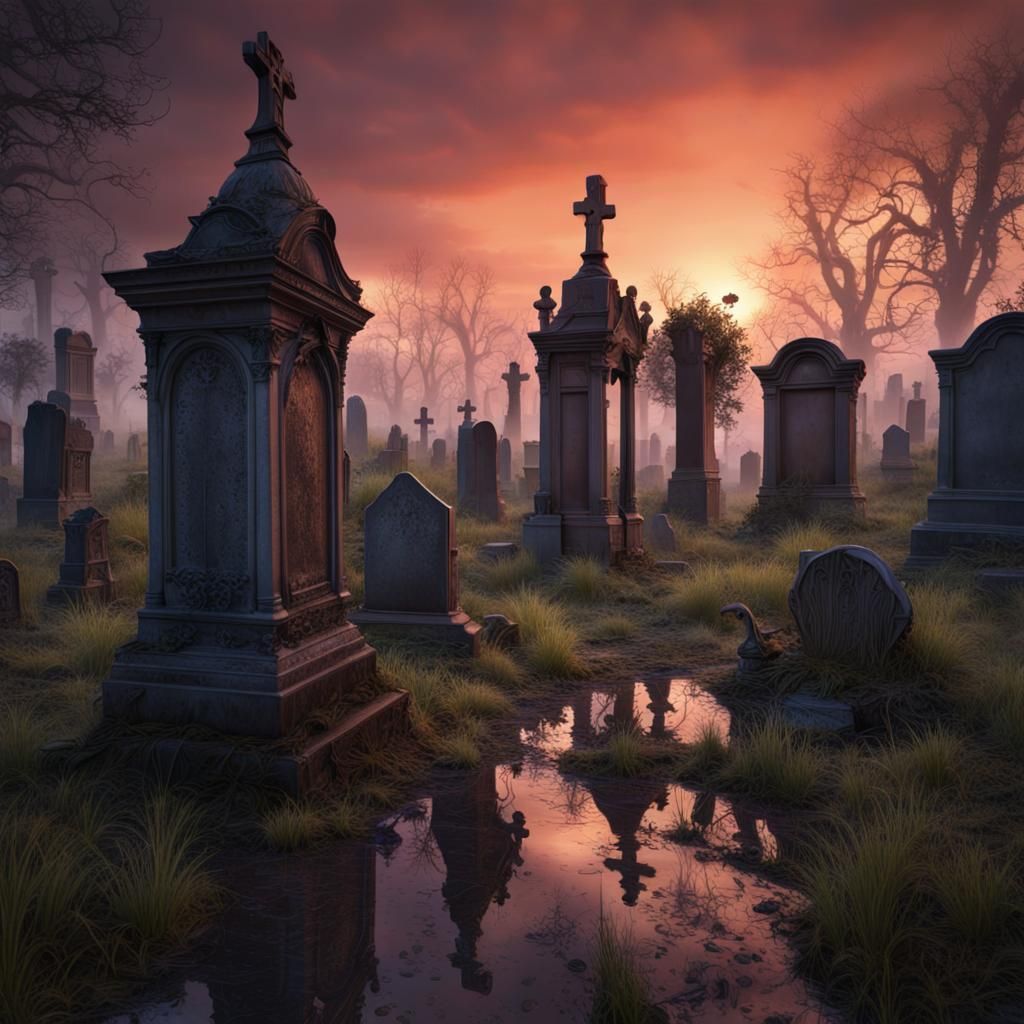 Haunted Victorian Graveyard at Sunset in Detailed Matte Pain...