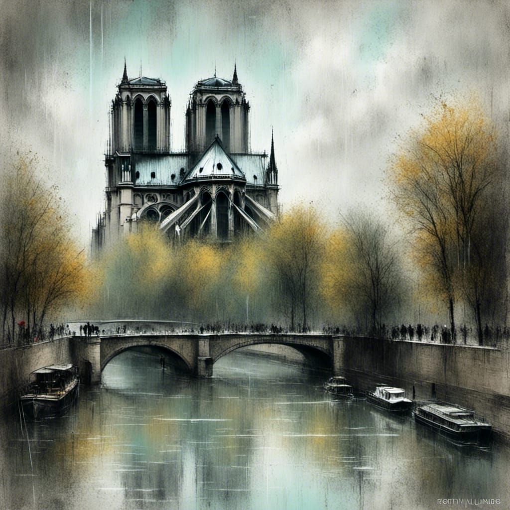 Notre Dame Cathedral in Rainbow Pastel Sketch