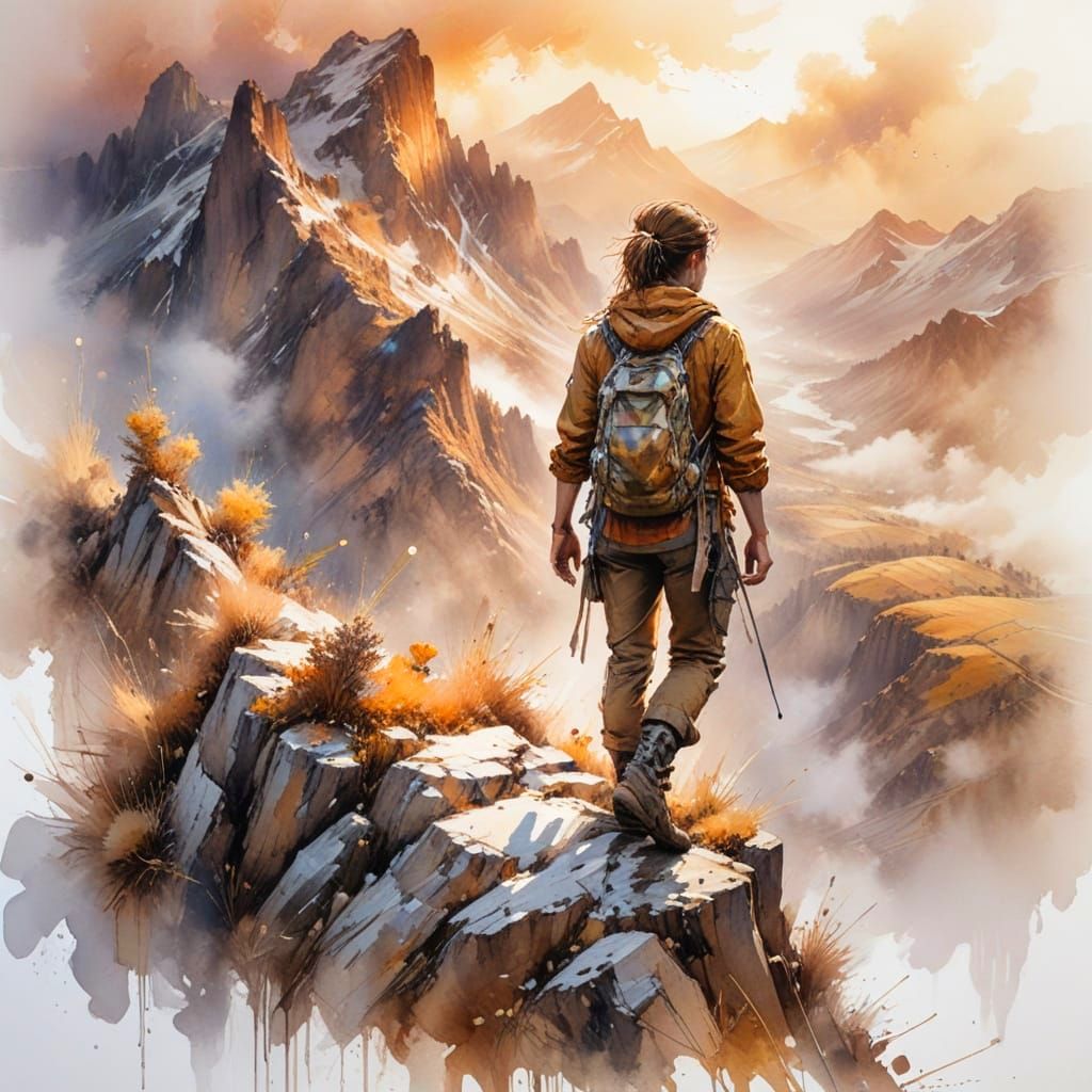 Mountaineer at Misty Mountain Dawn: Watercolor Art