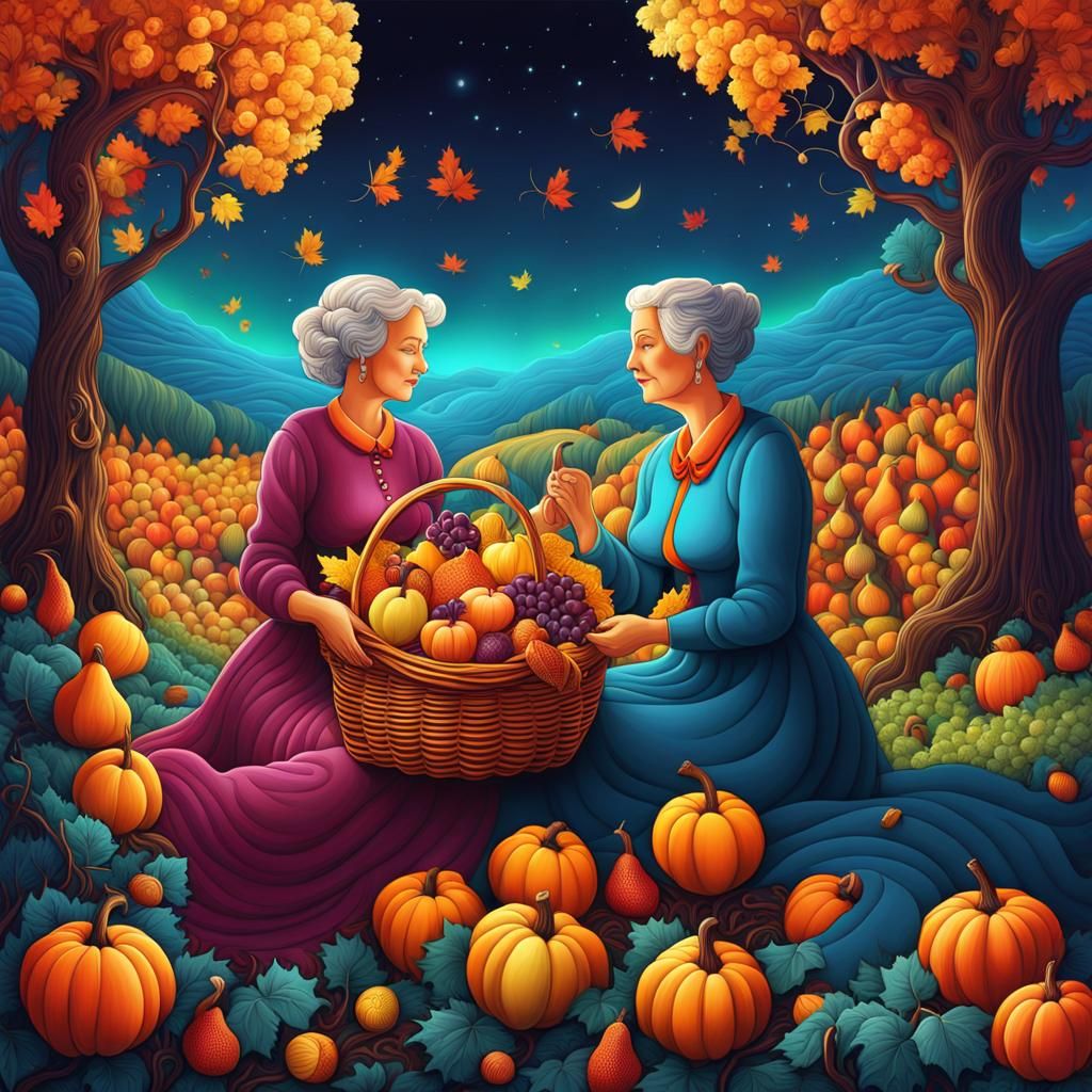 Abundant Autumnal Harvest with Grandmother, Detailed Digital...