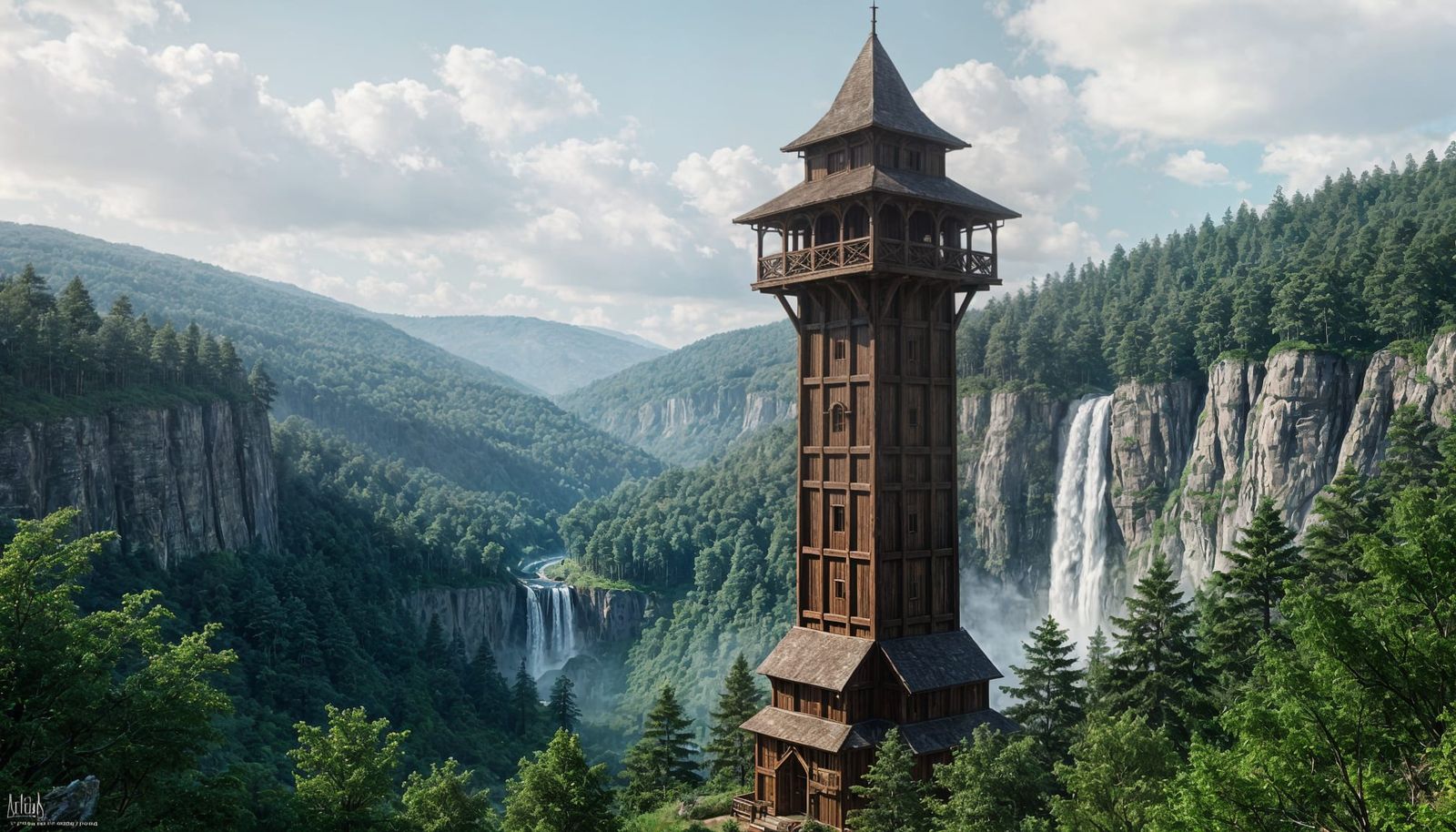 Rustic Wooden Tower in Wooded Valley, Matte Painting