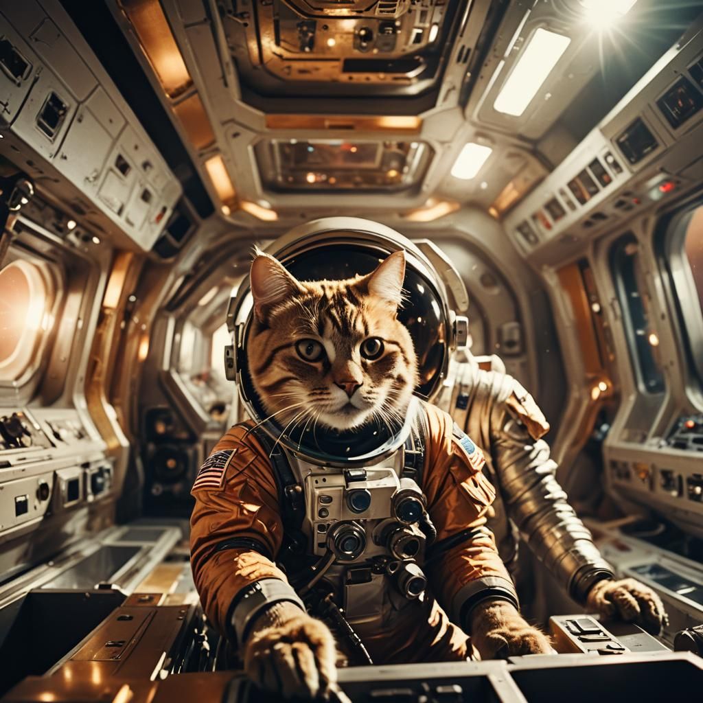 Astronaut and Cat in Spaceship: Cinematic Film Still