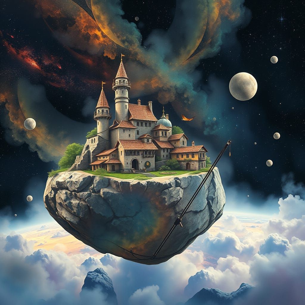 Surreal Cosmic Village in Dreamy Watercolor Style