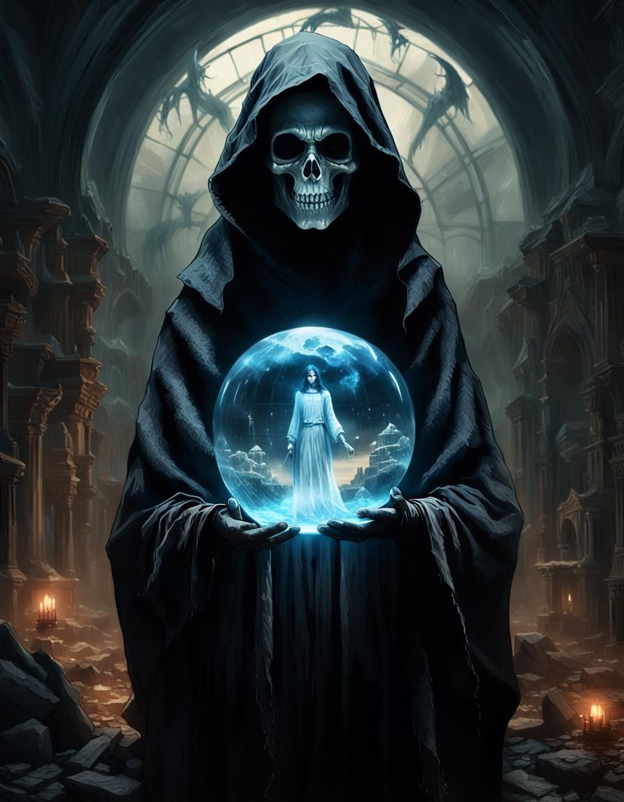 Girl Holding Futuristic Hologram of Grim Reaper in Darkly Li...