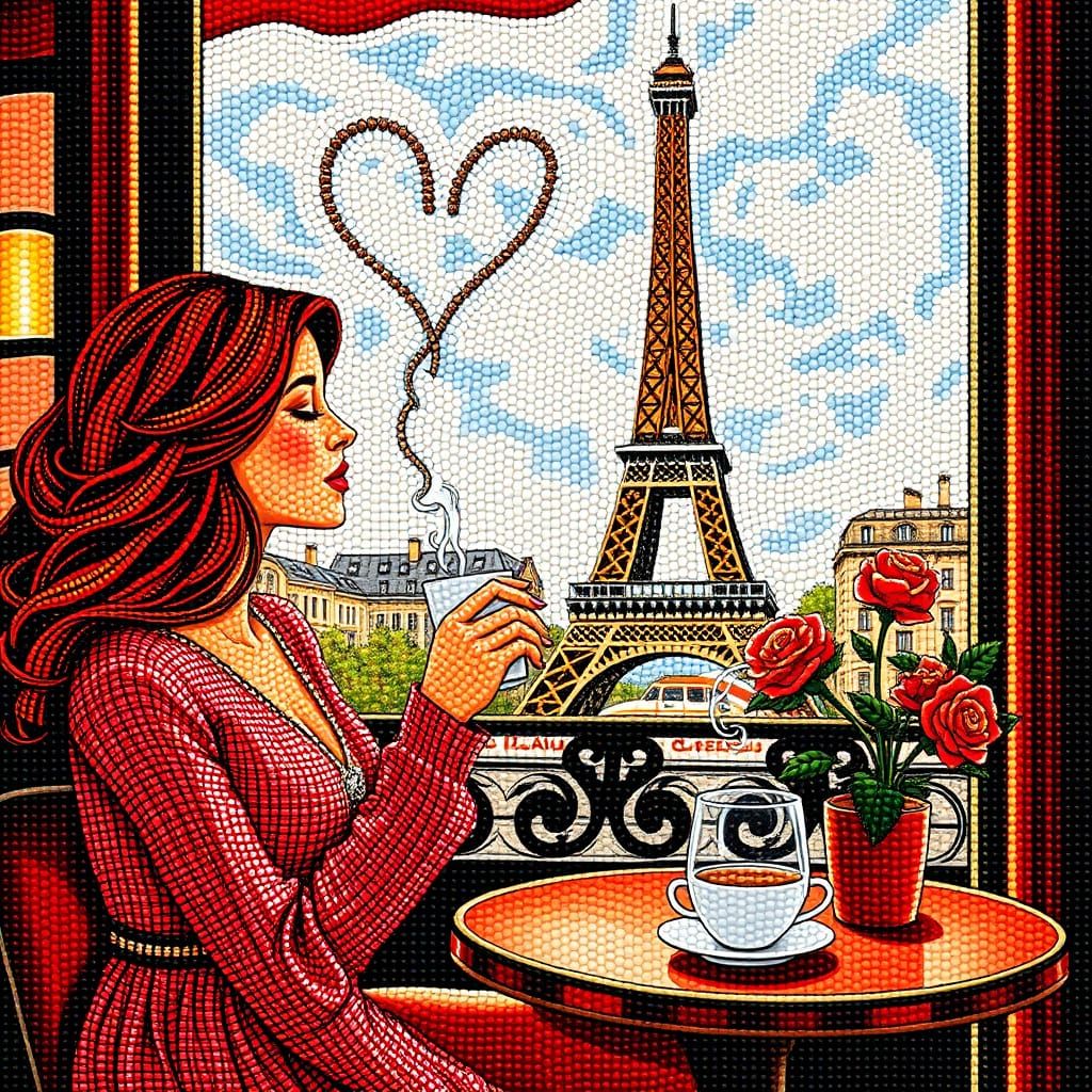 Girl in Parisian Cafe Beaded Wall Hanging